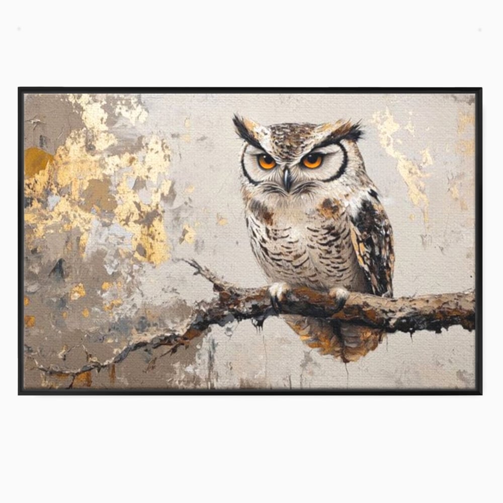 Tablou canvas cu tablou canvas cu bufnita pe ramura, in rama de aluminiu negru